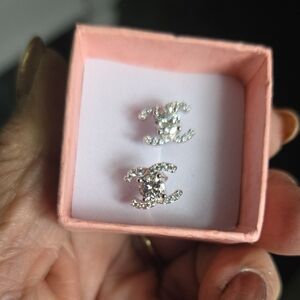 Silver Crystal Double-Emblem Stud Earrings - Clear/Silver